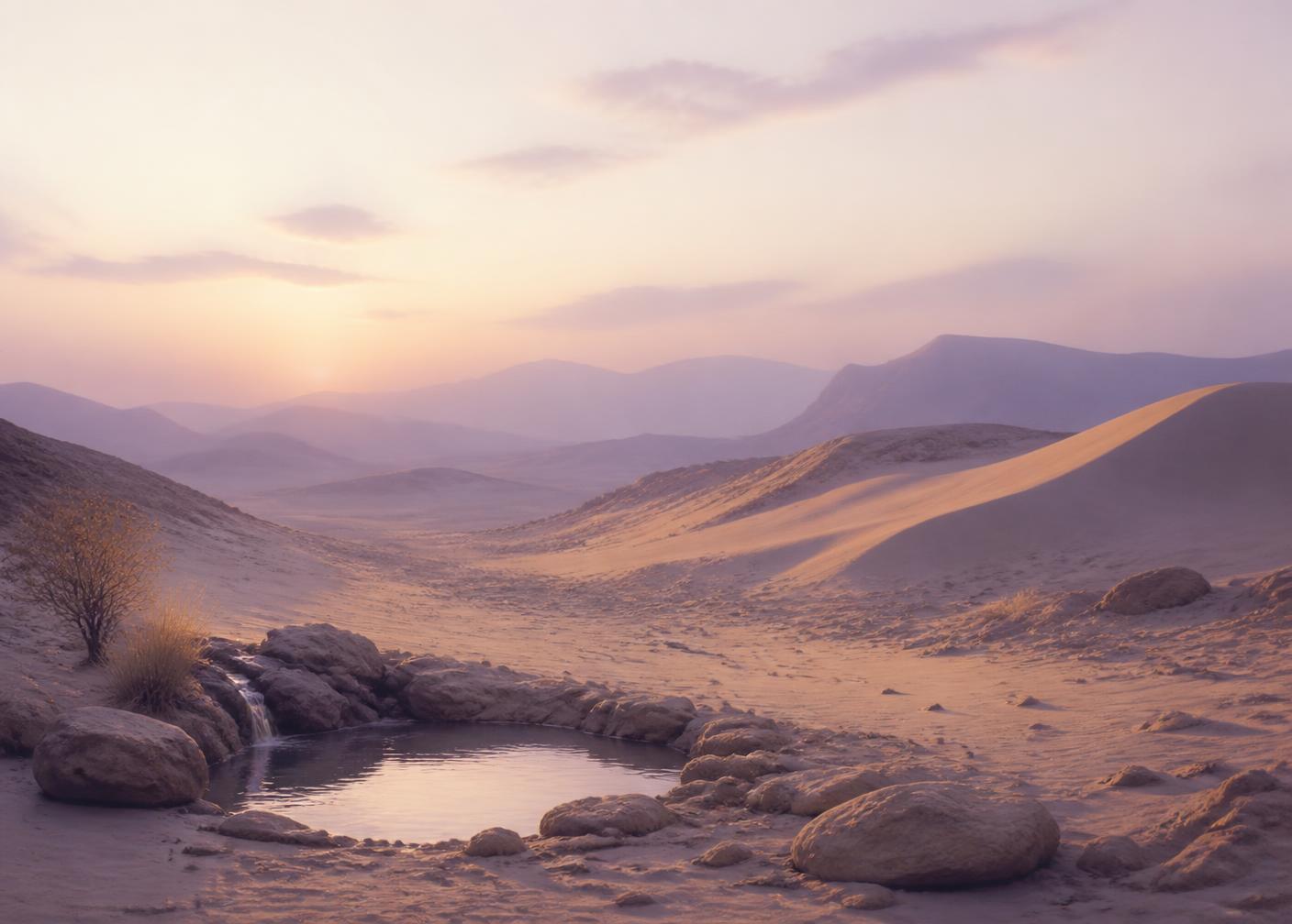A quiet wilderness at dawn with a small spring of water among the rocks
