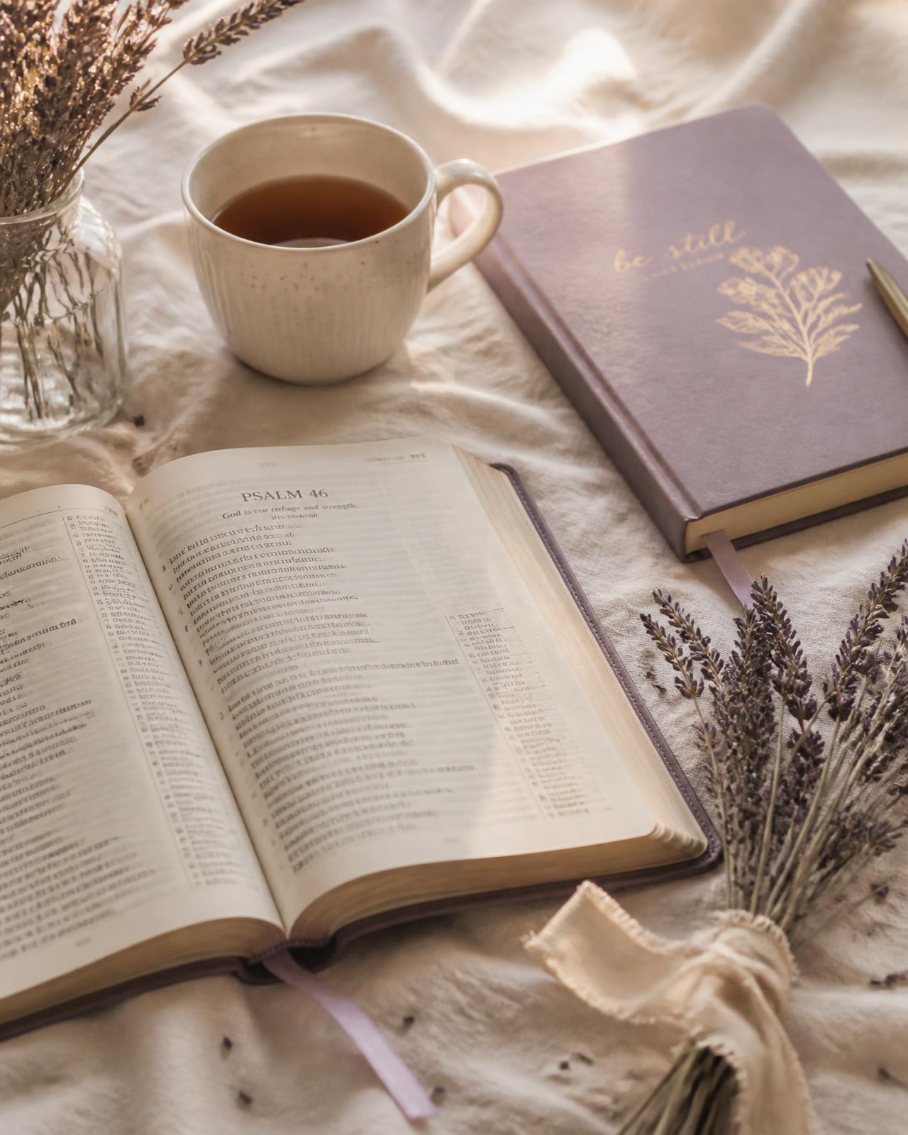 An open Bible on cream linen beside a cup of tea, a lavender journal, and dried lavender